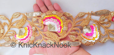 Exclusive Gold Hand Embroidered Cutwork Lace Trim, Floral Embroidery Beaded Trim, Sequins Trim